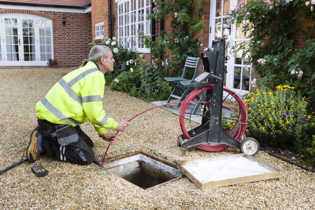 A professional drain cleaning engineer inspects a blocked household drain