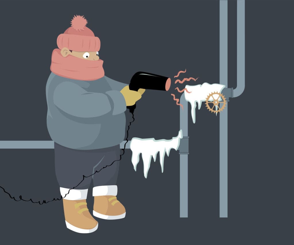 A person attempting to unfreeze frozen water pipes with a hair dryer, EPS 8 vector illustration, no transparences